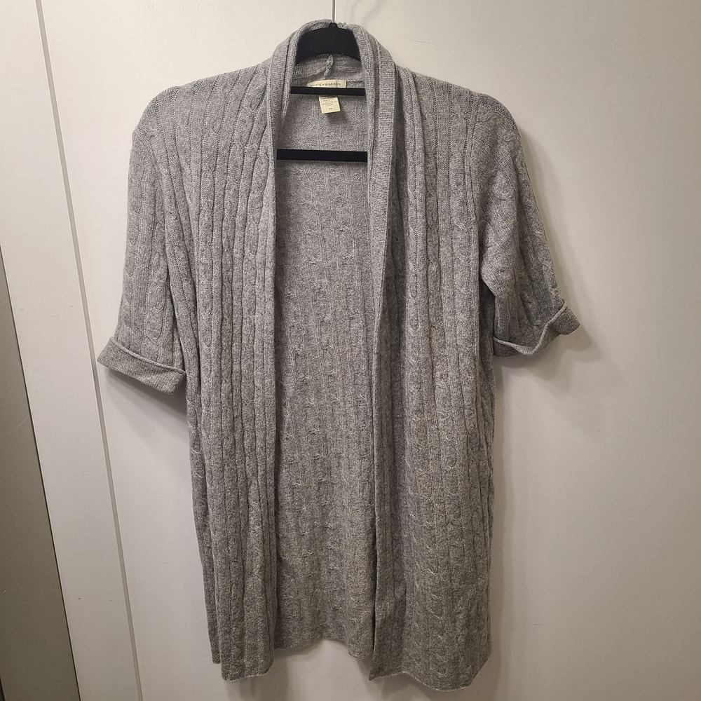 White + Warren Woman 100% Cashmere Cardigan Gray Cable Knit Long Sweater Large